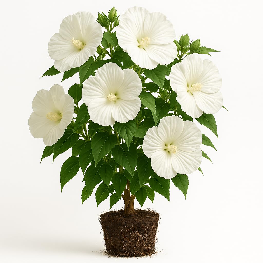 Hardy Hibiscus Luna White Live Starter Plant, 4-8 Inches | Giant Dinner Plate Perennial Blooms, USDA Zones 4 to 9, Full Sun, No Pot